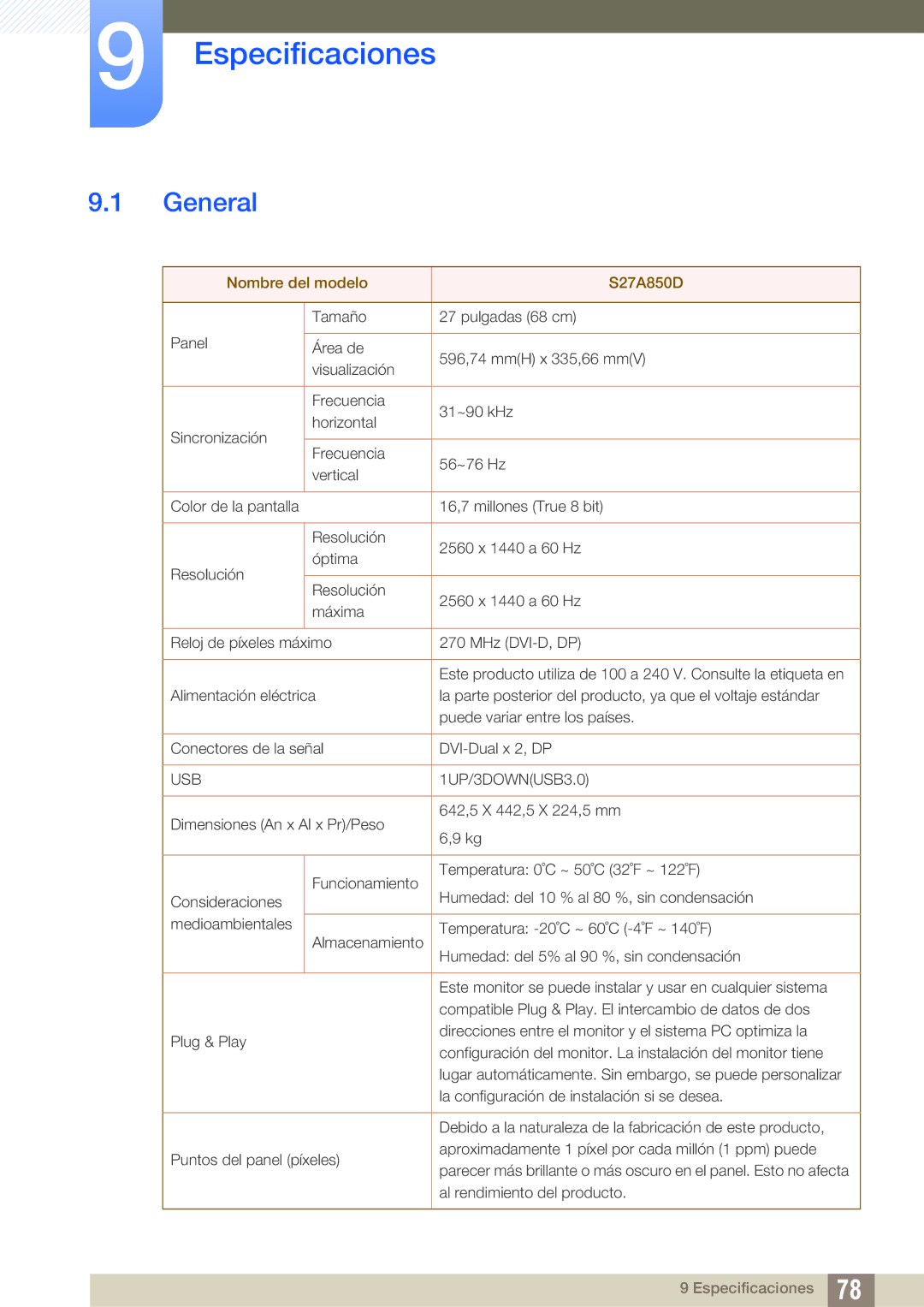 Samsung LS27A850DSR/EN, LS27A850DS/EN manual Especificaciones, General 