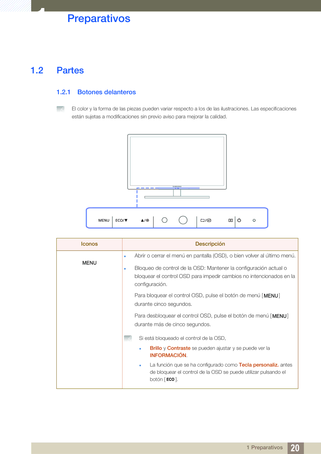 Samsung LS27A850DSR/EN, LS27A850DS/EN manual Partes, Botones delanteros 