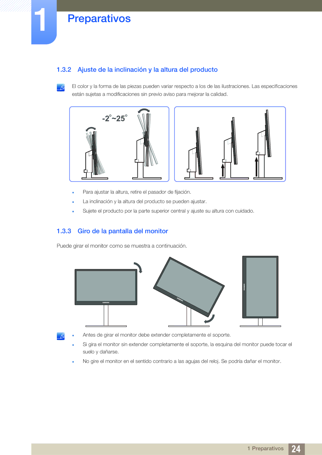 Samsung LS27A850DSR/EN, LS27A850DS/EN Ajuste de la inclinación y la altura del producto, Giro de la pantalla del monitor 