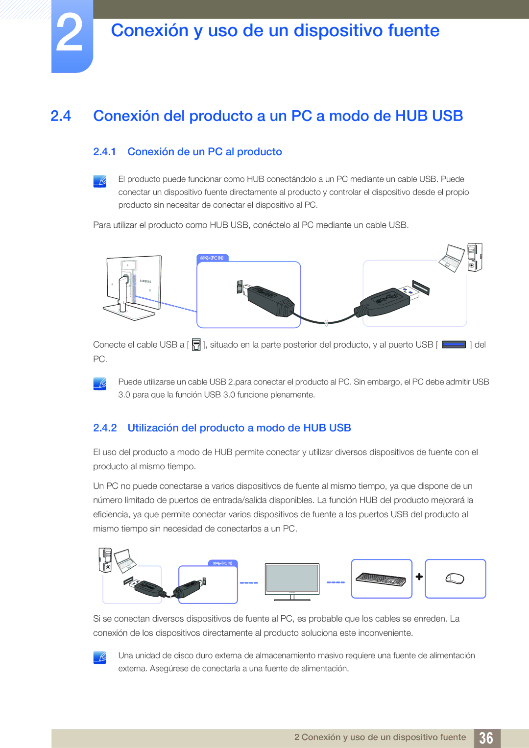 Samsung LS27A850DSR/EN, LS27A850DS/EN manual Conexión del producto a un PC a modo de HUB USB, Conexión de un PC al producto 