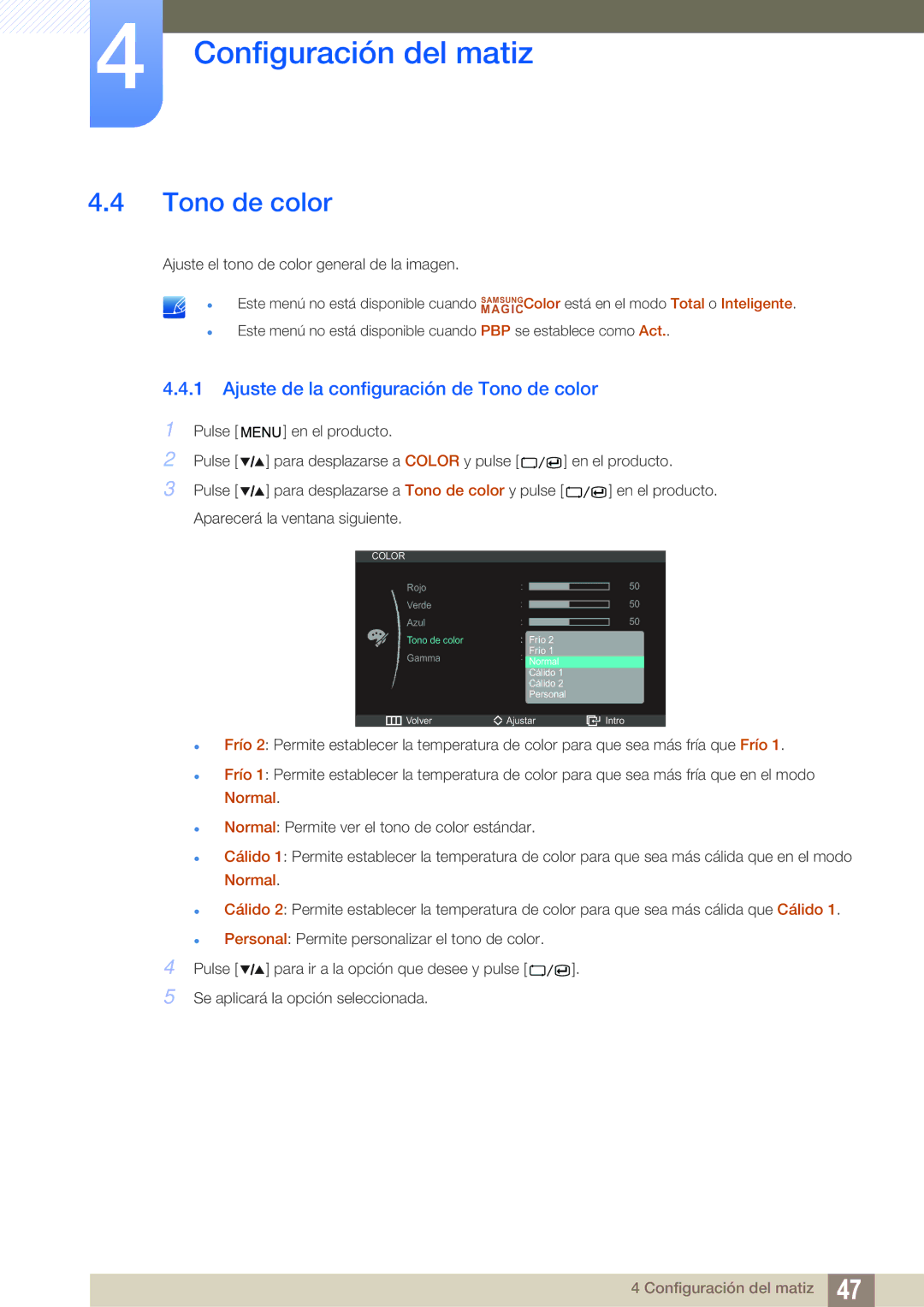 Samsung LS27A850DS/EN, LS27A850DSR/EN manual Ajuste de la configuración de Tono de color 