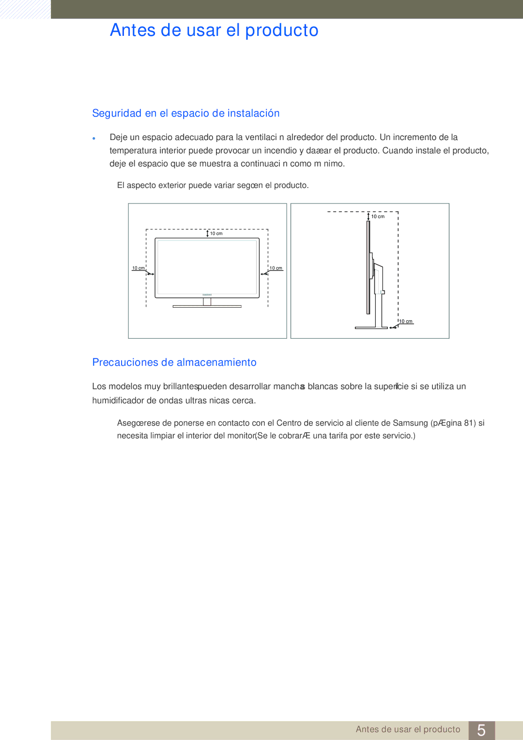 Samsung LS27A850DS/EN, LS27A850DSR/EN manual Seguridad en el espacio de instalación, Precauciones de almacenamiento 