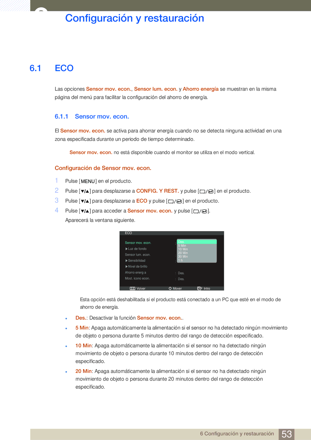Samsung LS27A850DS/EN, LS27A850DSR/EN manual Configuración y restauración, Eco, Configuración de Sensor mov. econ 