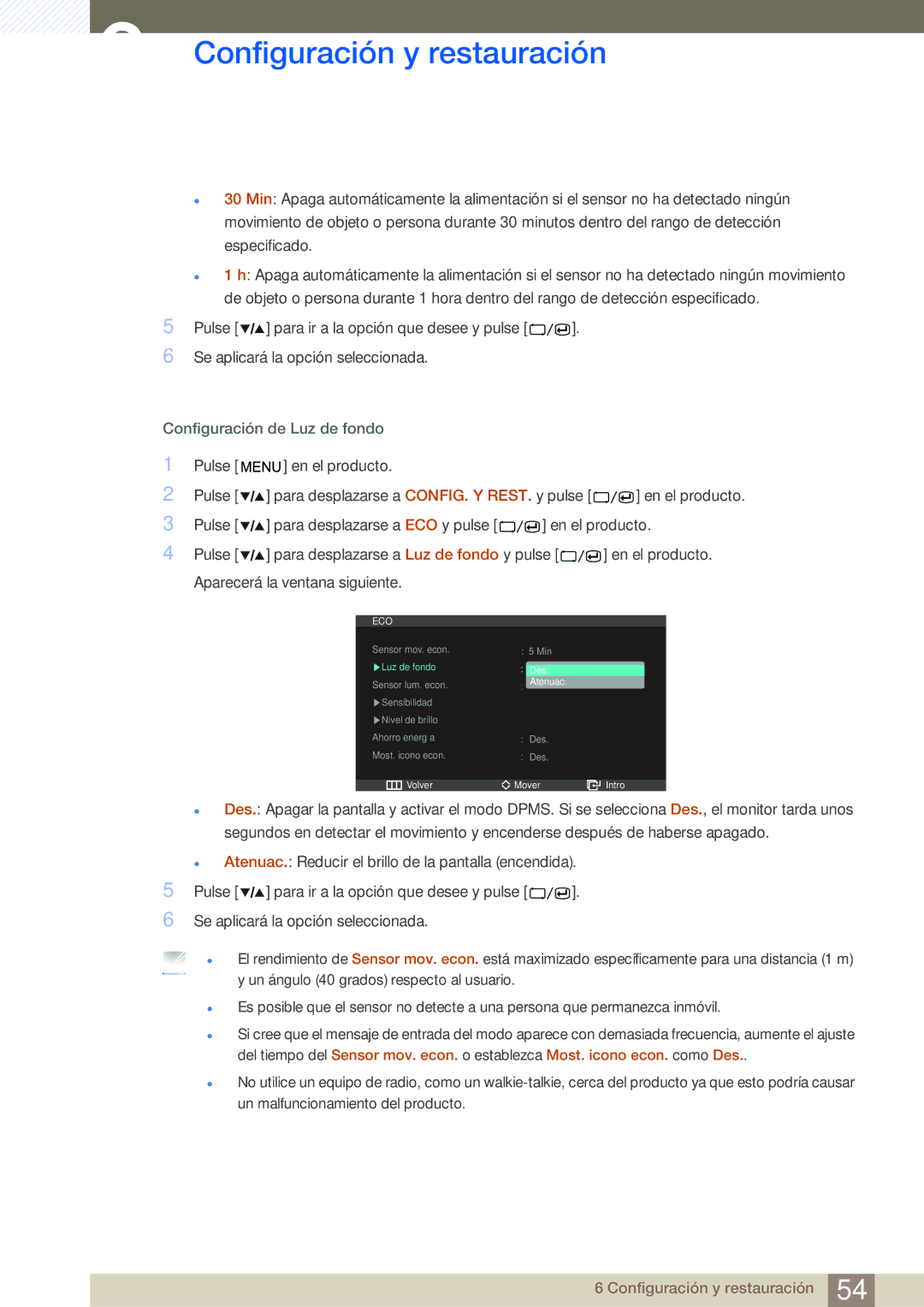 Samsung LS27A850DSR/EN, LS27A850DS/EN manual Configuración de Luz de fondo 