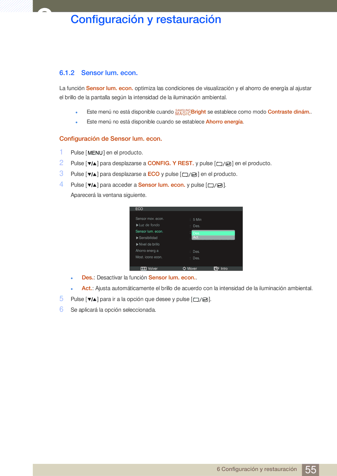 Samsung LS27A850DS/EN, LS27A850DSR/EN manual Configuración de Sensor lum. econ 