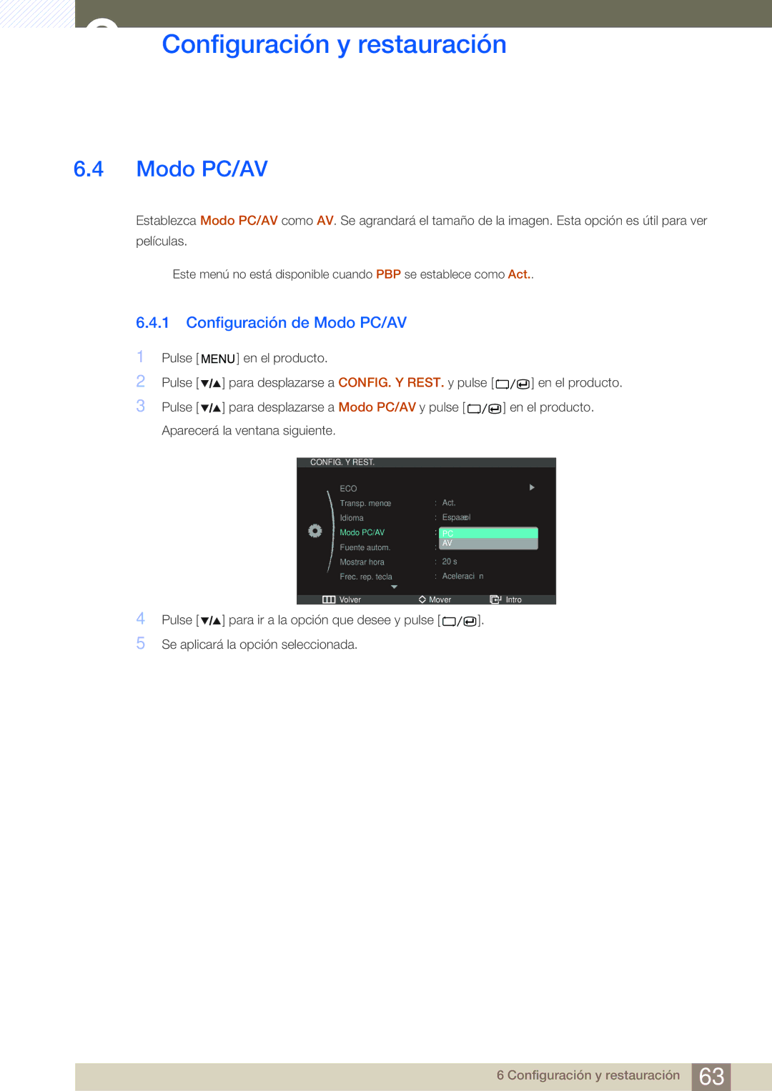 Samsung LS27A850DS/EN, LS27A850DSR/EN manual Configuración de Modo PC/AV 