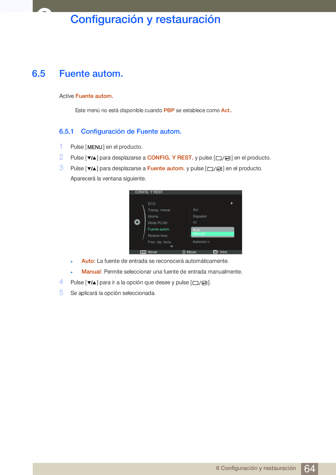 Samsung LS27A850DSR/EN, LS27A850DS/EN manual Configuración de Fuente autom 