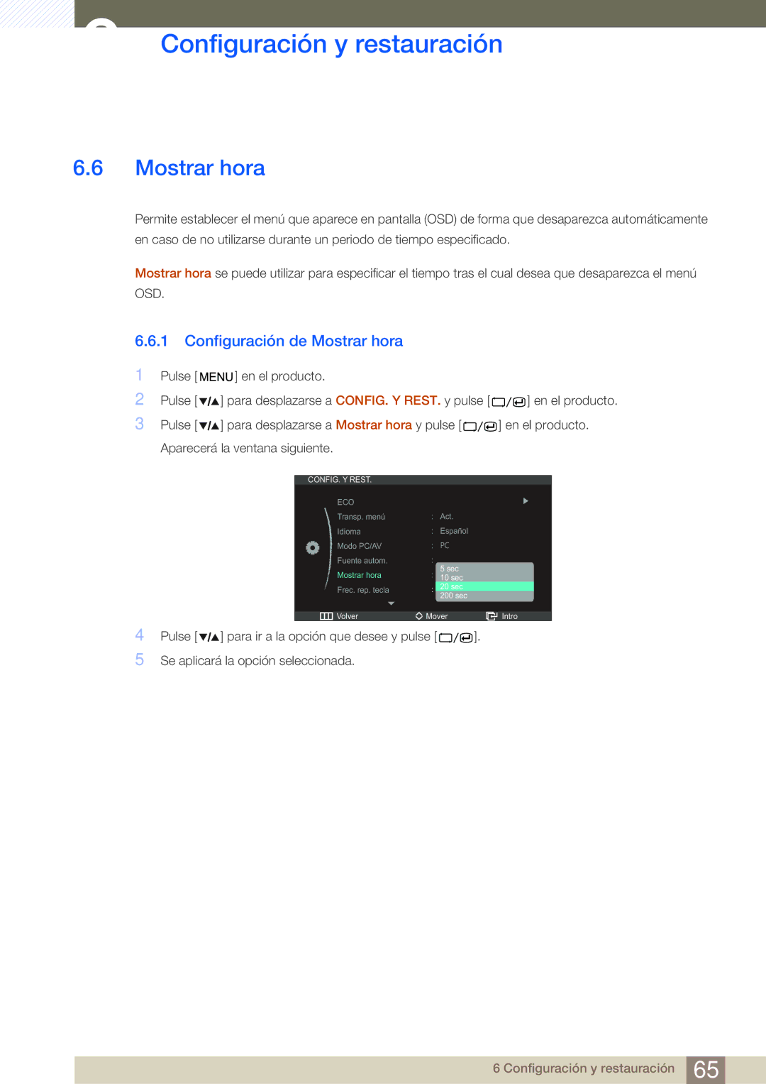 Samsung LS27A850DS/EN, LS27A850DSR/EN manual Configuración de Mostrar hora 