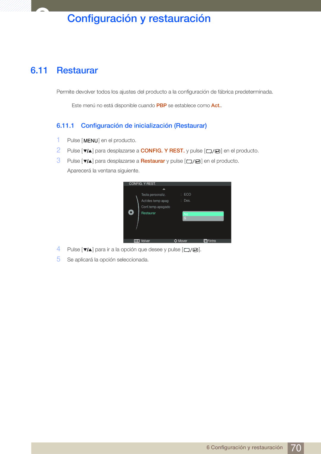 Samsung LS27A850DSR/EN, LS27A850DS/EN manual Configuración de inicialización Restaurar 