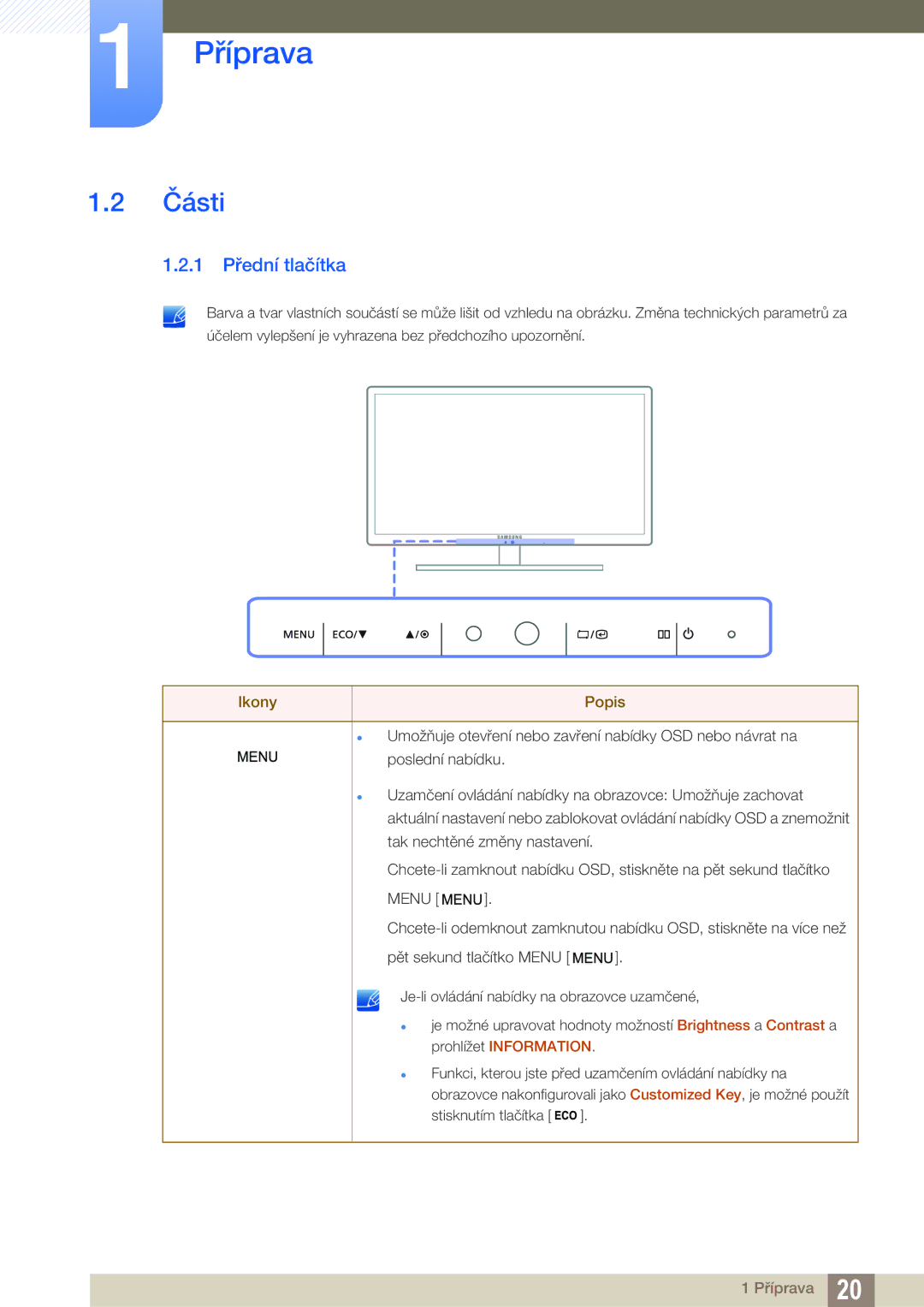 Samsung LS27A850DSR/EN, LS27A850DS/EN manual Části, 1 Přední tlačítka 