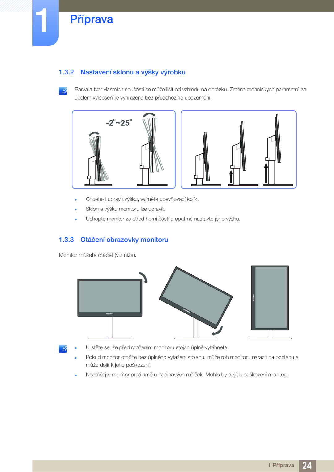 Samsung LS27A850DSR/EN, LS27A850DS/EN manual Nastavení sklonu a výšky výrobku, 3 Otáčení obrazovky monitoru 