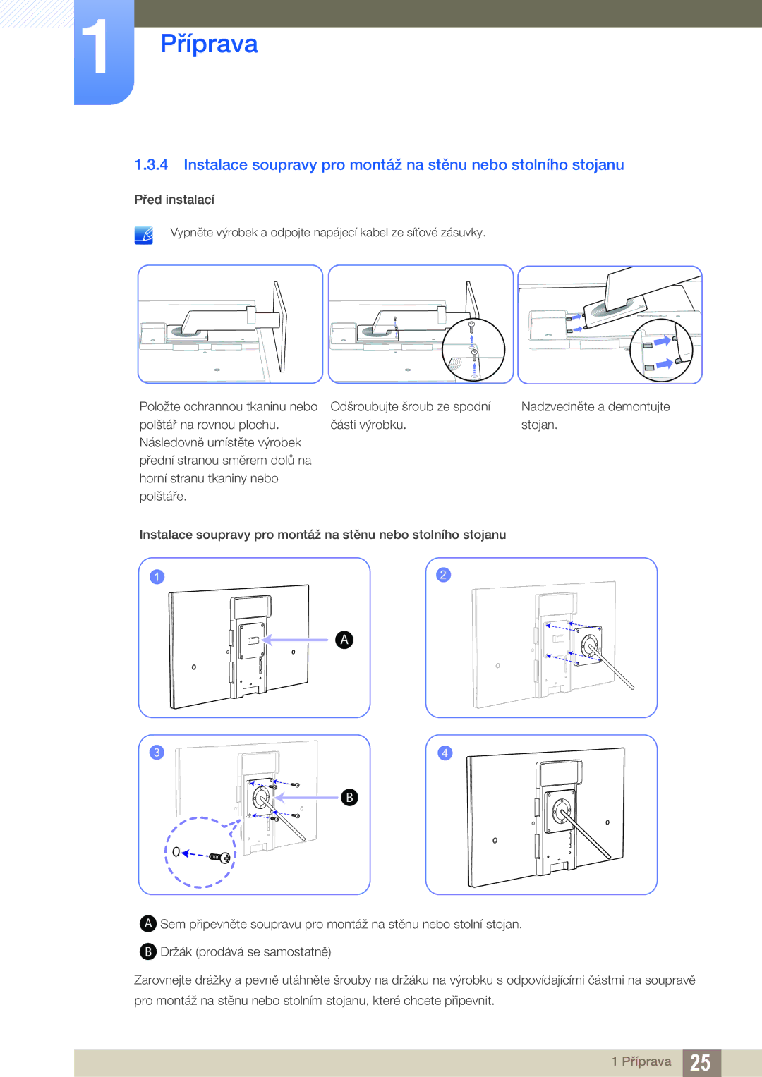 Samsung LS27A850DS/EN, LS27A850DSR/EN manual Instalace soupravy pro montáž na stěnu nebo stolního stojanu 