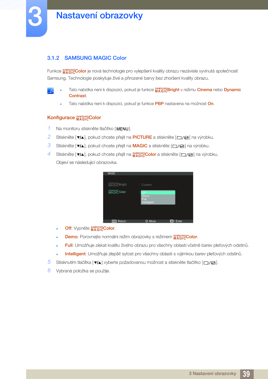 Samsung LS27A850DS/EN, LS27A850DSR/EN manual Samsung Magic Color, Konfigurace MAGICSAMSUNGColor 