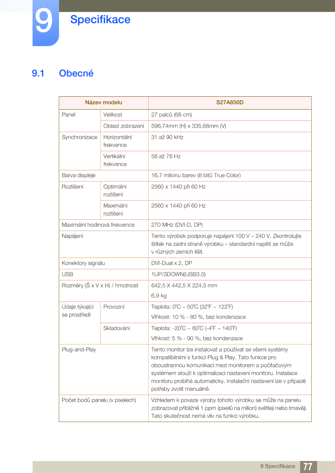 Samsung LS27A850DS/EN, LS27A850DSR/EN manual Specifikace, Obecné 