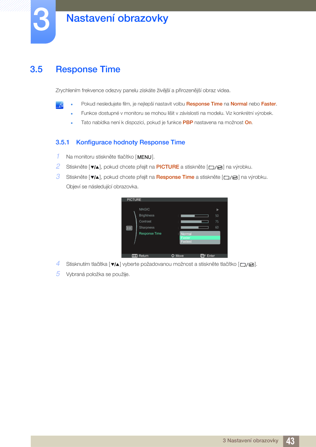 Samsung LS27A850DS/EN, LS27A850DSR/EN manual Konfigurace hodnoty Response Time 