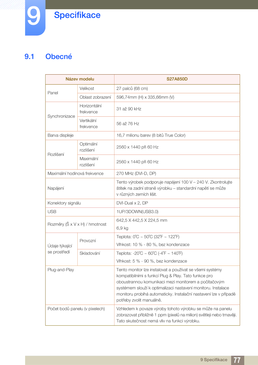 Samsung LS27A850DS/EN, LS27A850DSR/EN manual Specifikace, Obecné 