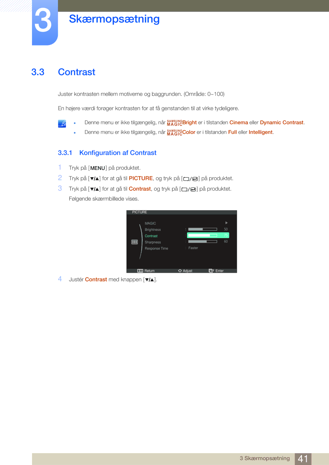 Samsung LS27A850DS/EN, LS27A850DSR/EN manual Konfiguration af Contrast 