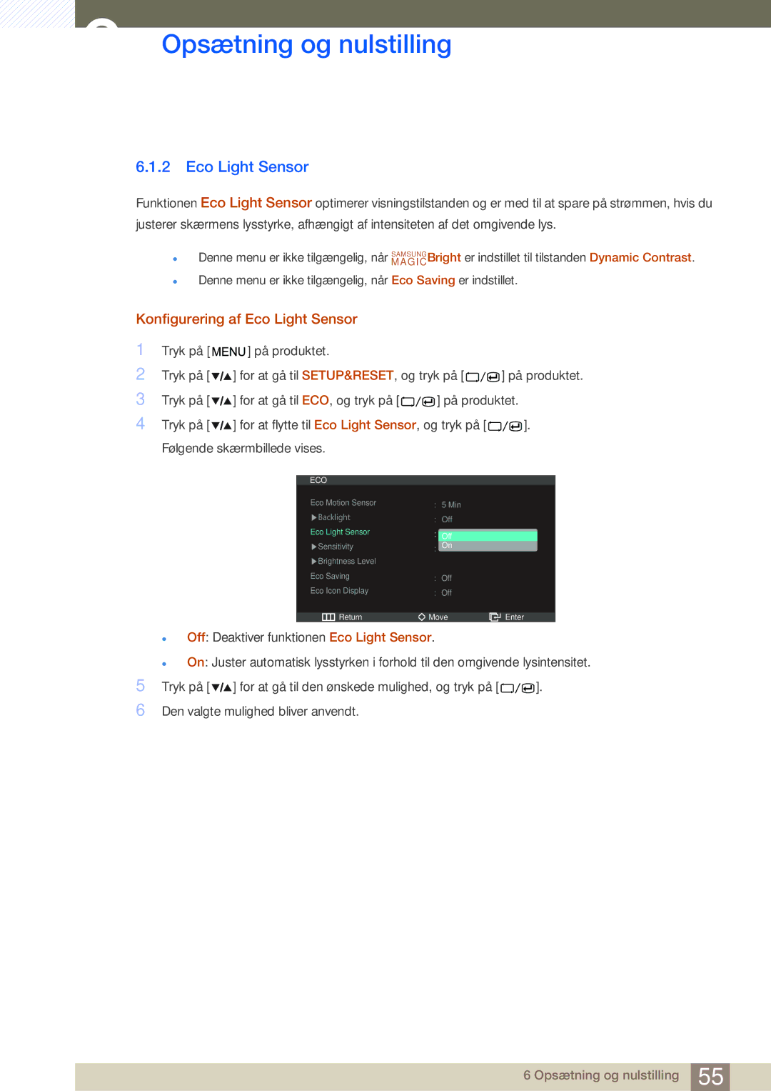 Samsung LS27A850DS/EN, LS27A850DSR/EN manual Konfigurering af Eco Light Sensor 