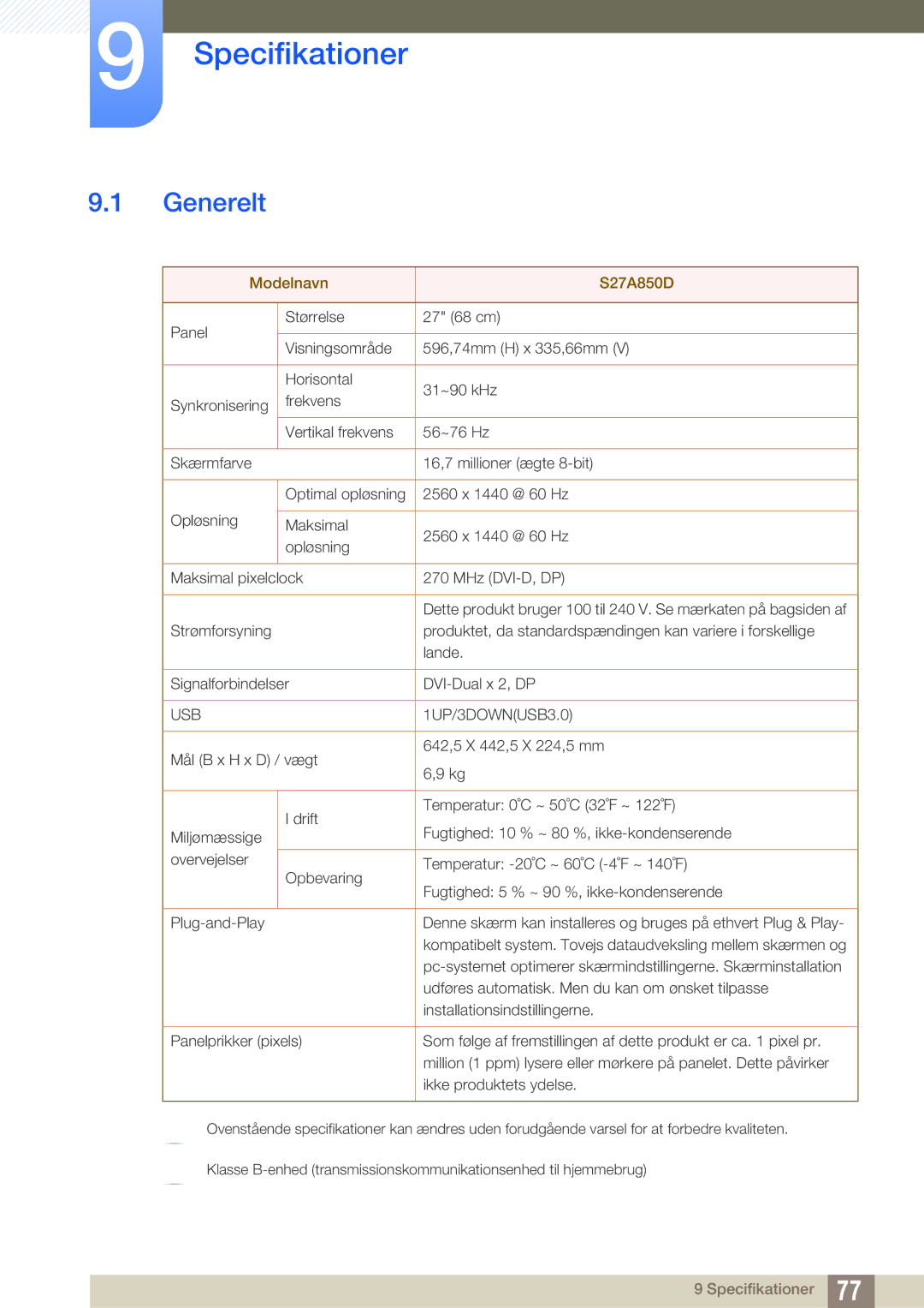 Samsung LS27A850DS/EN, LS27A850DSR/EN manual Specifikationer, Generelt 