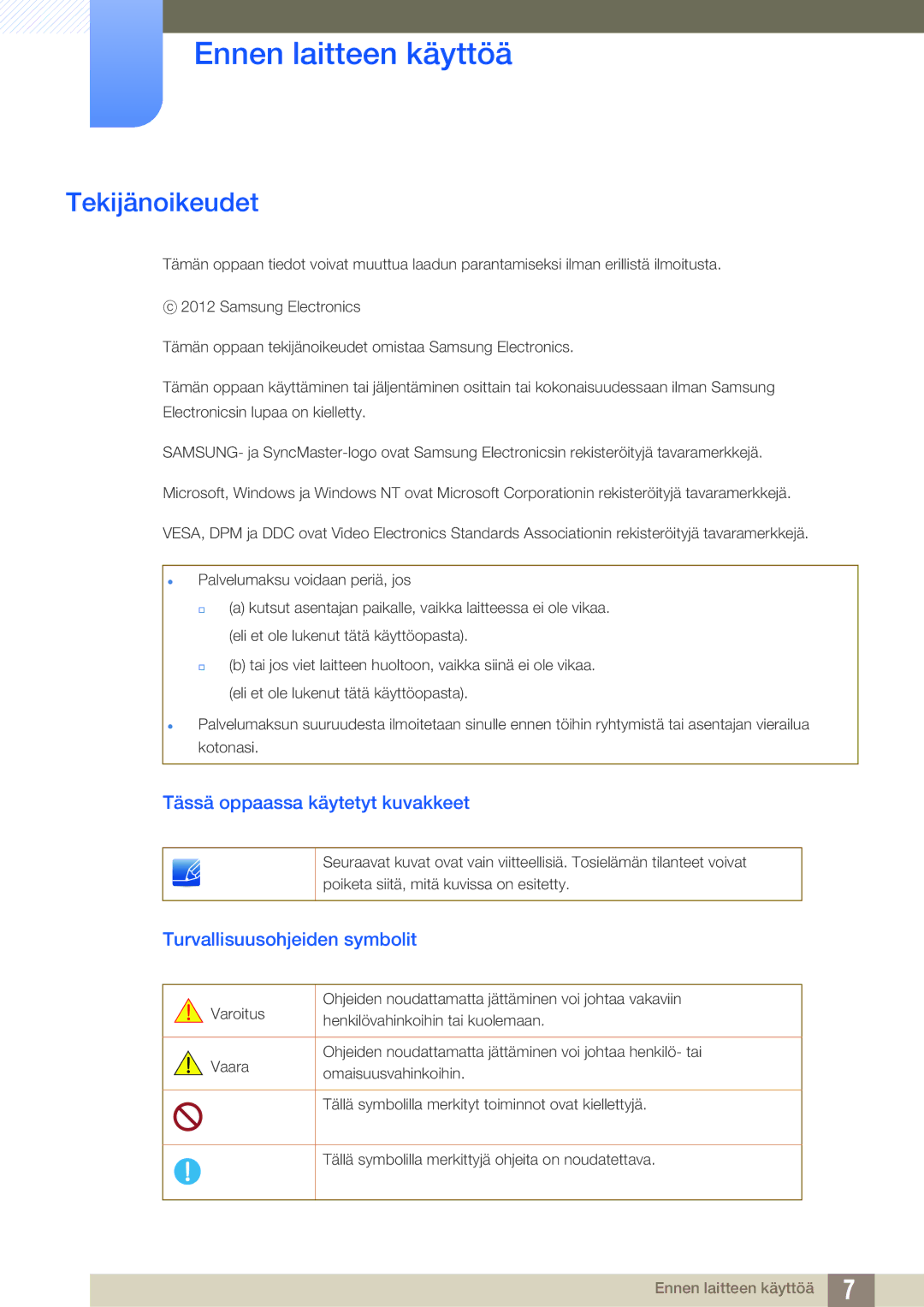 Samsung LS27A850DS/EN, LS27A850DSR/EN manual Ennen laitteen käyttöä, Tekijänoikeudet, Tässä oppaassa käytetyt kuvakkeet 