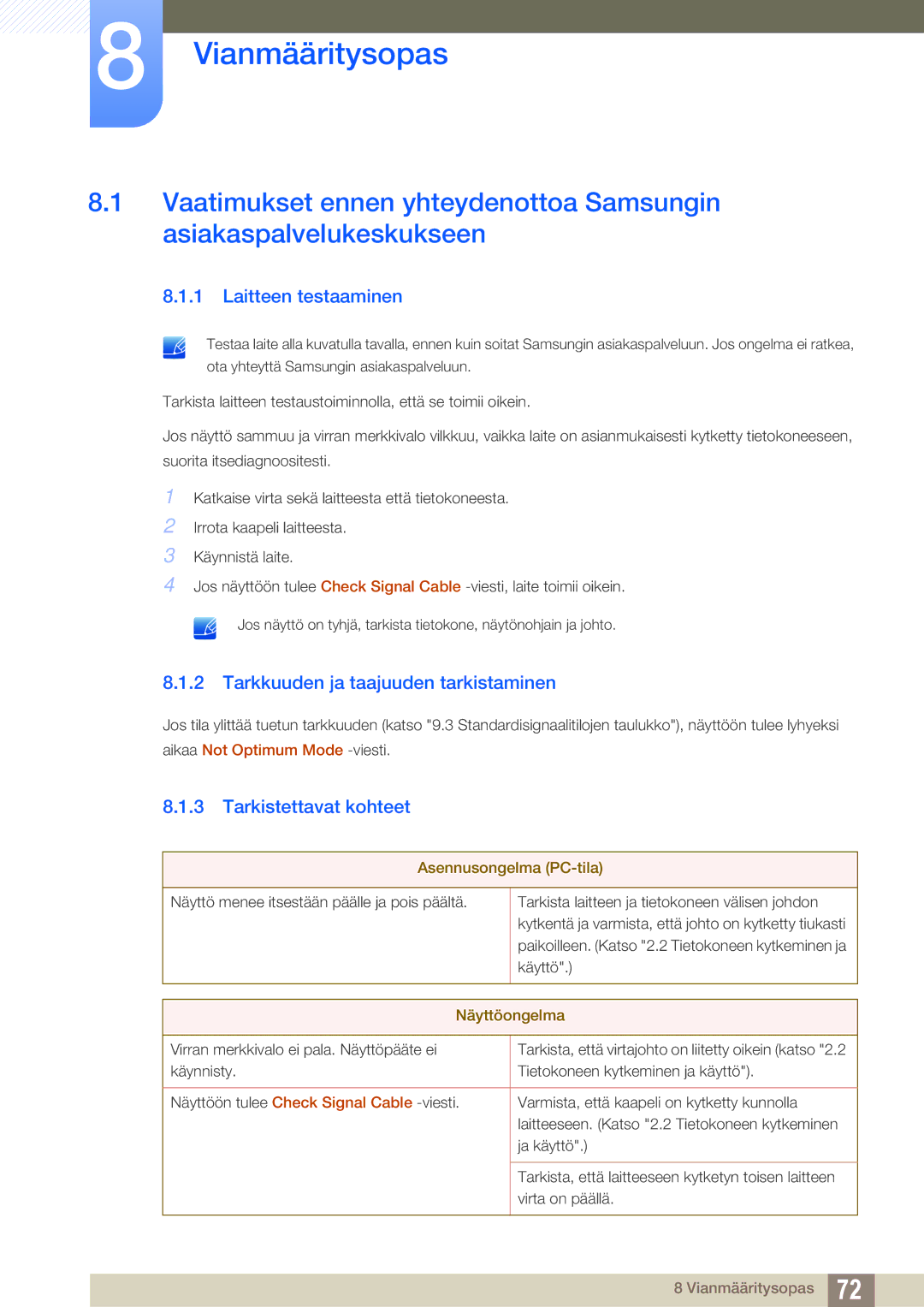 Samsung LS27A850DSR/EN, LS27A850DS/EN manual Vianmääritysopas, Laitteen testaaminen, Tarkkuuden ja taajuuden tarkistaminen 