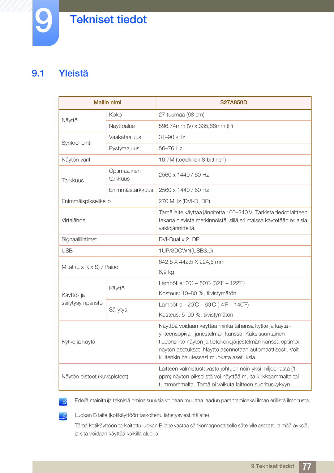 Samsung LS27A850DS/EN, LS27A850DSR/EN manual Tekniset tiedot, Yleistä 