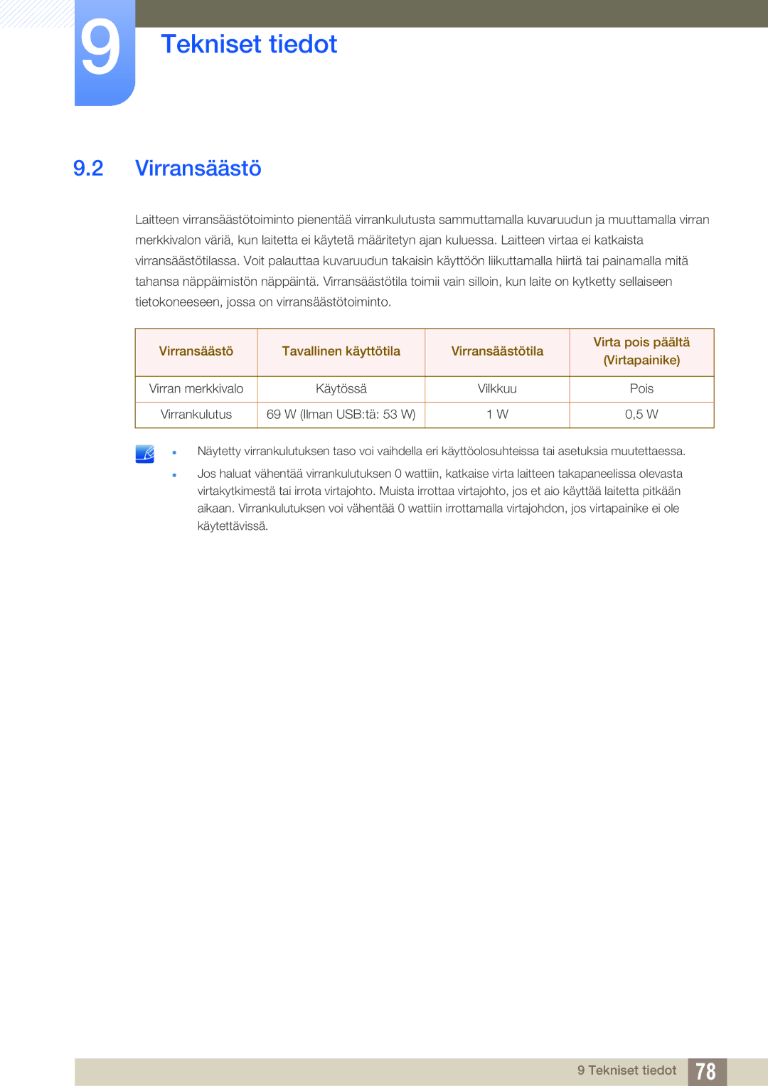 Samsung LS27A850DSR/EN, LS27A850DS/EN manual Virransäästö 