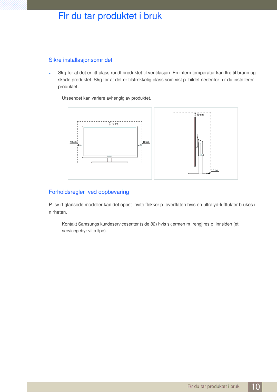 Samsung LS27A850DSR/EN, LS27A850DS/EN manual Sikre installasjonsområdet, Forholdsregler ved oppbevaring 