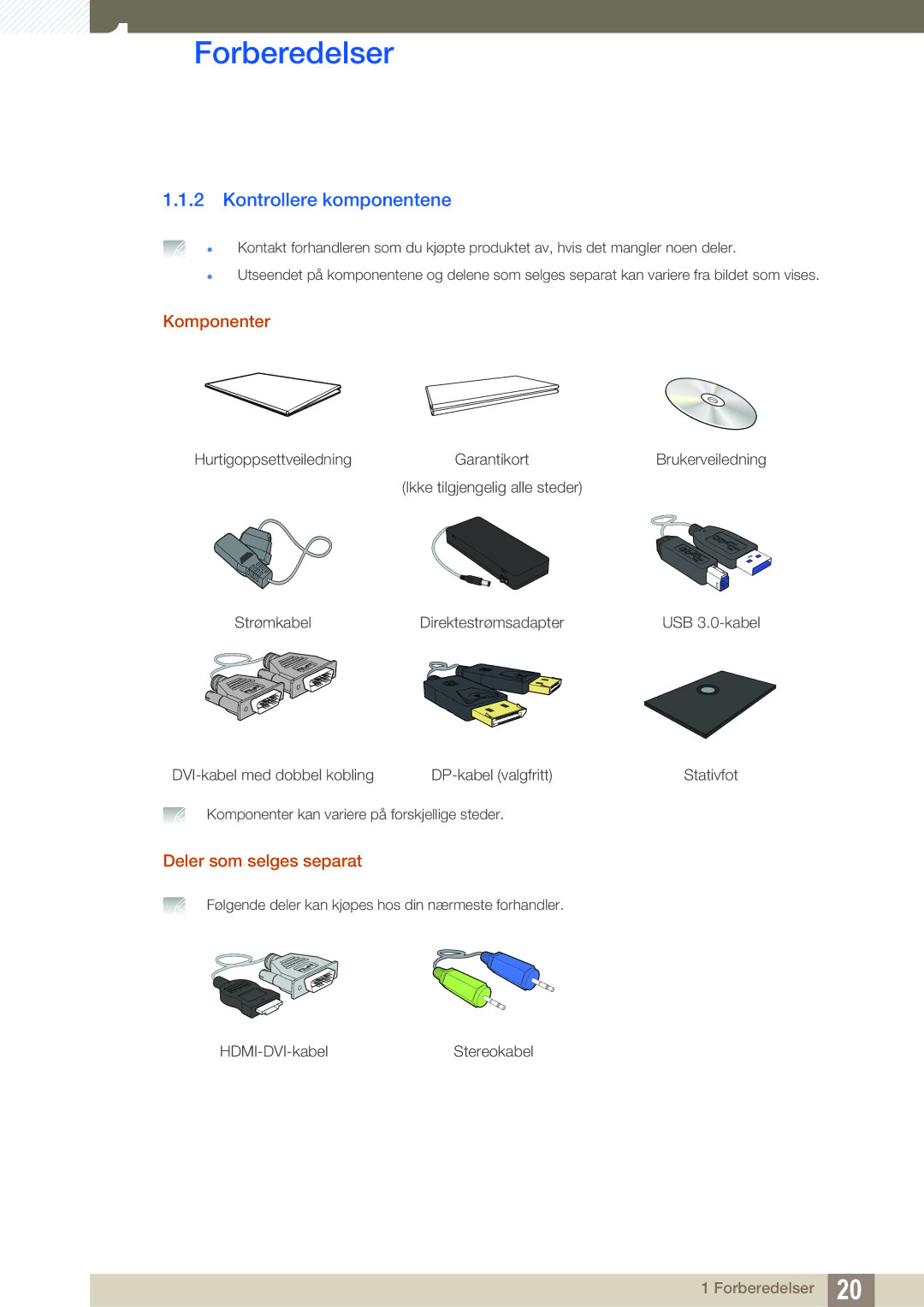 Samsung LS27A850DSR/EN, LS27A850DS/EN manual Kontrollere komponentene, Komponenter, Deler som selges separat 