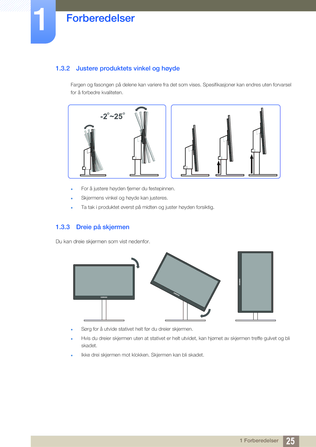 Samsung LS27A850DS/EN, LS27A850DSR/EN manual Justere produktets vinkel og høyde, Dreie på skjermen 