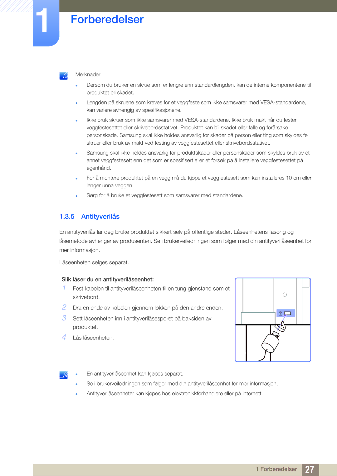 Samsung LS27A850DS/EN, LS27A850DSR/EN manual Antityverilås 