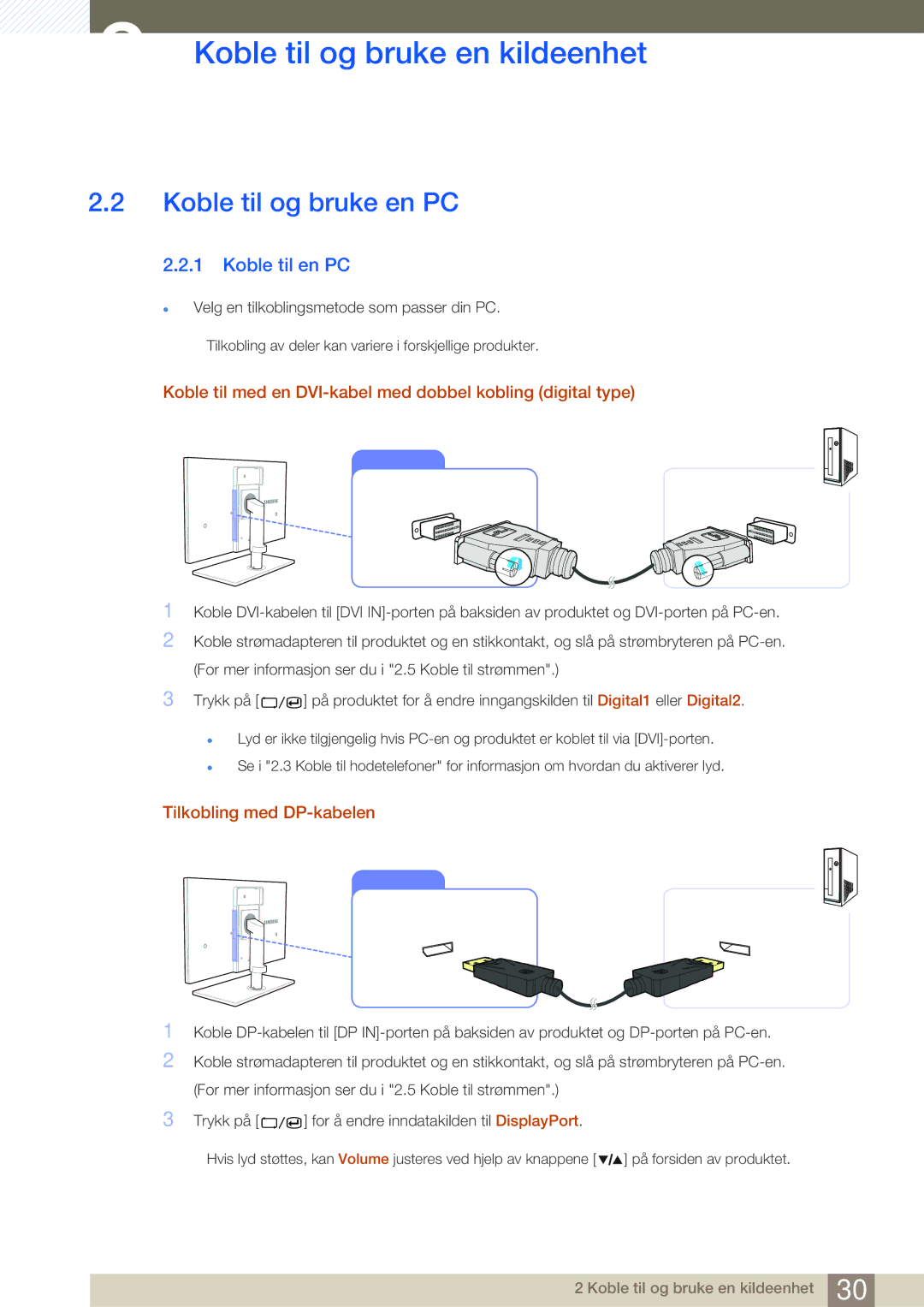 Samsung LS27A850DSR/EN, LS27A850DS/EN manual Koble til og bruke en PC, Koble til en PC, Tilkobling med DP-kabelen 