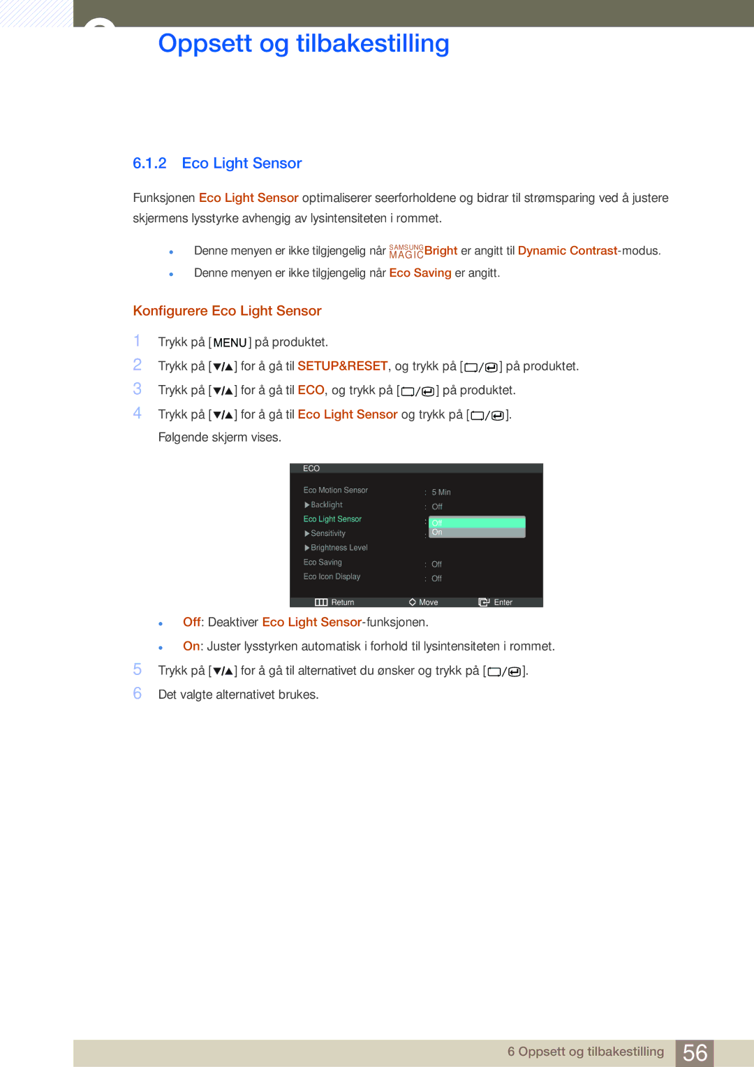 Samsung LS27A850DSR/EN, LS27A850DS/EN manual Konfigurere Eco Light Sensor 