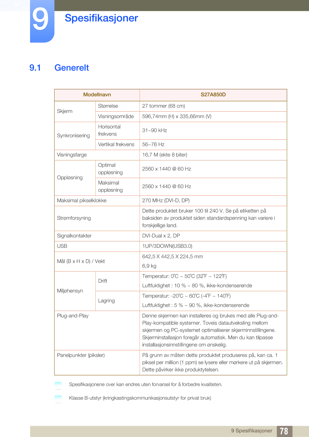 Samsung LS27A850DSR/EN, LS27A850DS/EN manual Spesifikasjoner, Generelt 