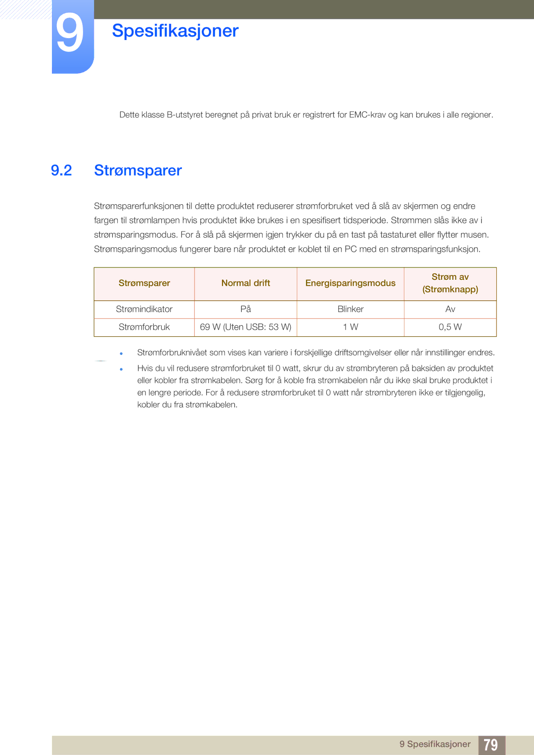 Samsung LS27A850DS/EN, LS27A850DSR/EN manual Strømsparer 