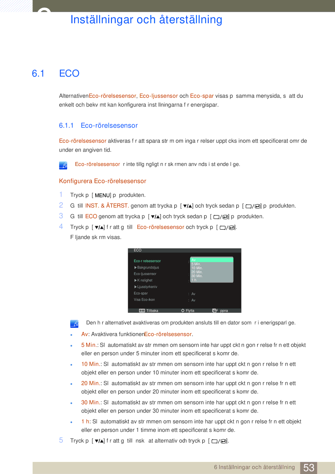 Samsung LS27A850DS/EN, LS27A850DSR/EN manual Inställningar och återställning, Konfigurera Eco-rörelsesensor 