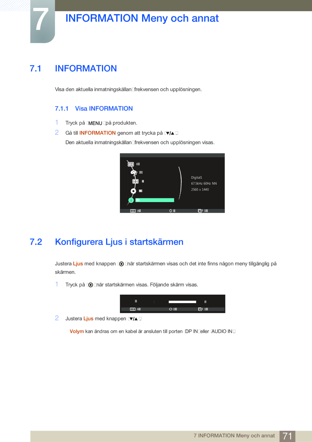 Samsung LS27A850DS/EN, LS27A850DSR/EN manual Information Meny och annat, Konfigurera Ljus i startskärmen, Visa Information 