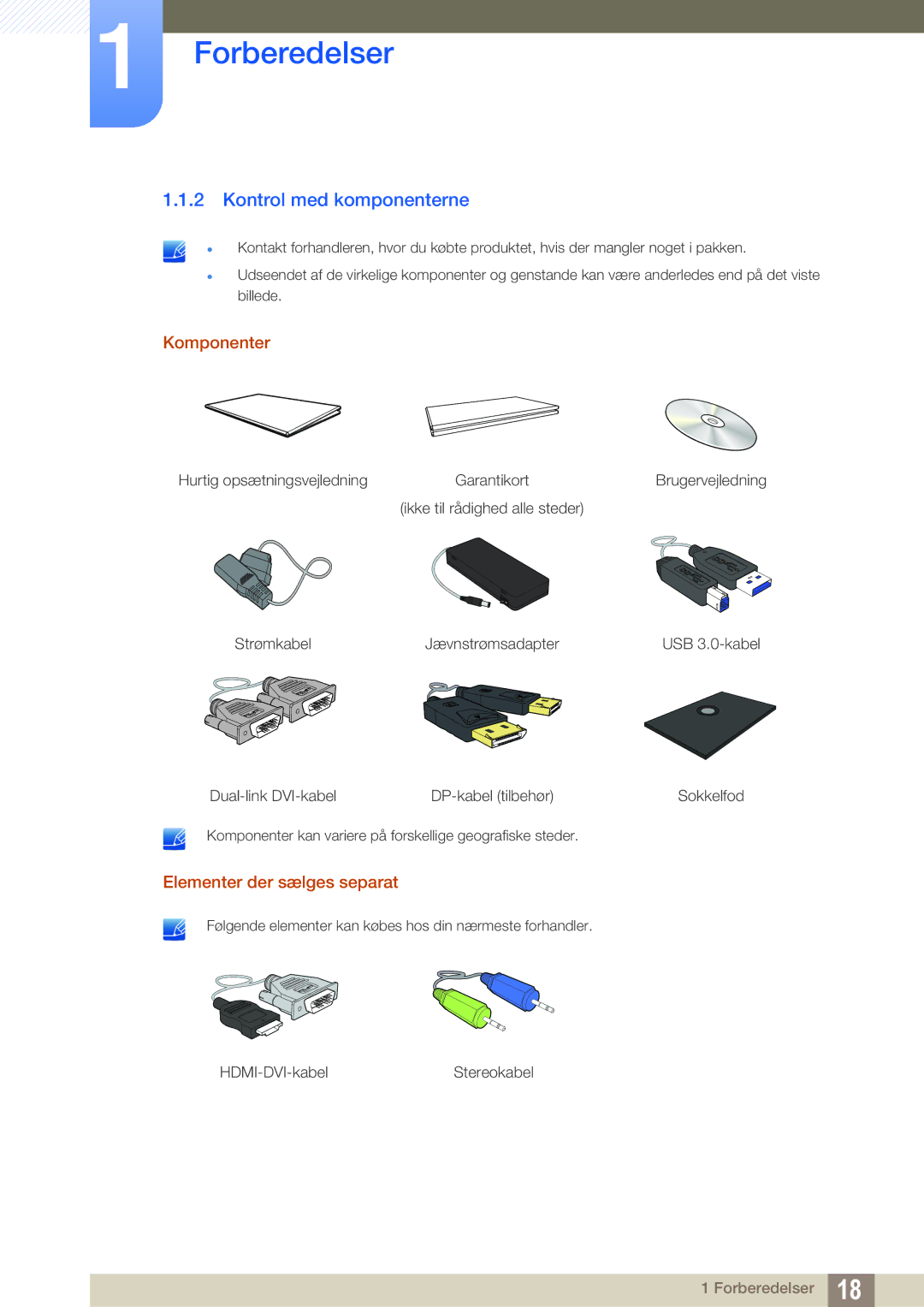 Samsung LS27A850DSR/EN, LS27A850DS/EN manual Kontrol med komponenterne, Komponenter, Elementer der sælges separat 