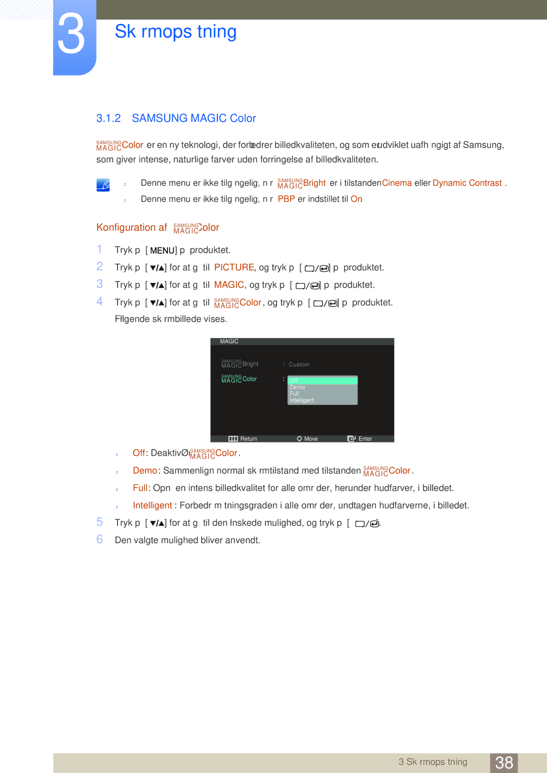 Samsung LS27A850DSR/EN, LS27A850DS/EN manual Samsung Magic Color, Konfiguration af MAGICSAMSUNGColor 