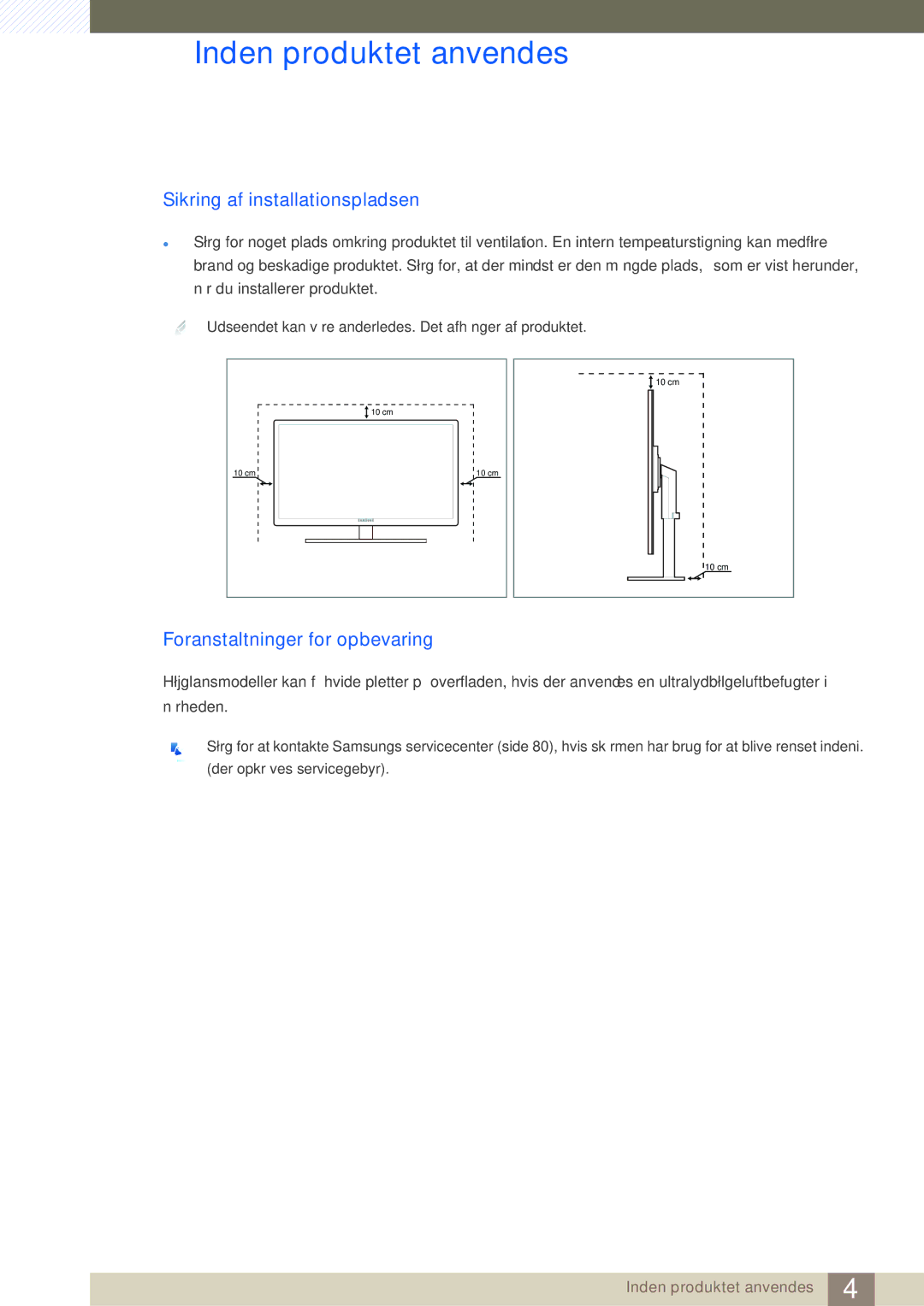 Samsung LS27A850DSR/EN, LS27A850DS/EN manual Sikring af installationspladsen, Foranstaltninger for opbevaring 