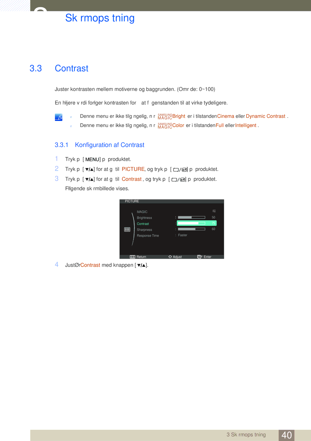 Samsung LS27A850DSR/EN, LS27A850DS/EN manual Konfiguration af Contrast 