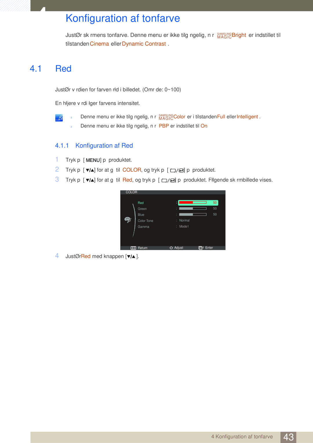 Samsung LS27A850DS/EN, LS27A850DSR/EN manual Konfiguration af tonfarve, Konfiguration af Red 