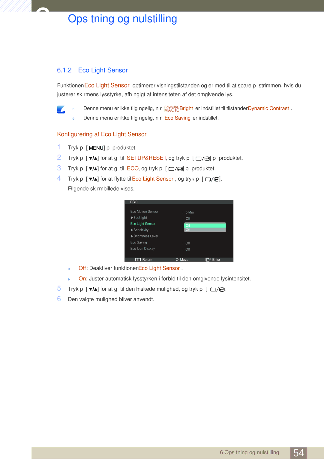 Samsung LS27A850DSR/EN, LS27A850DS/EN manual Konfigurering af Eco Light Sensor 
