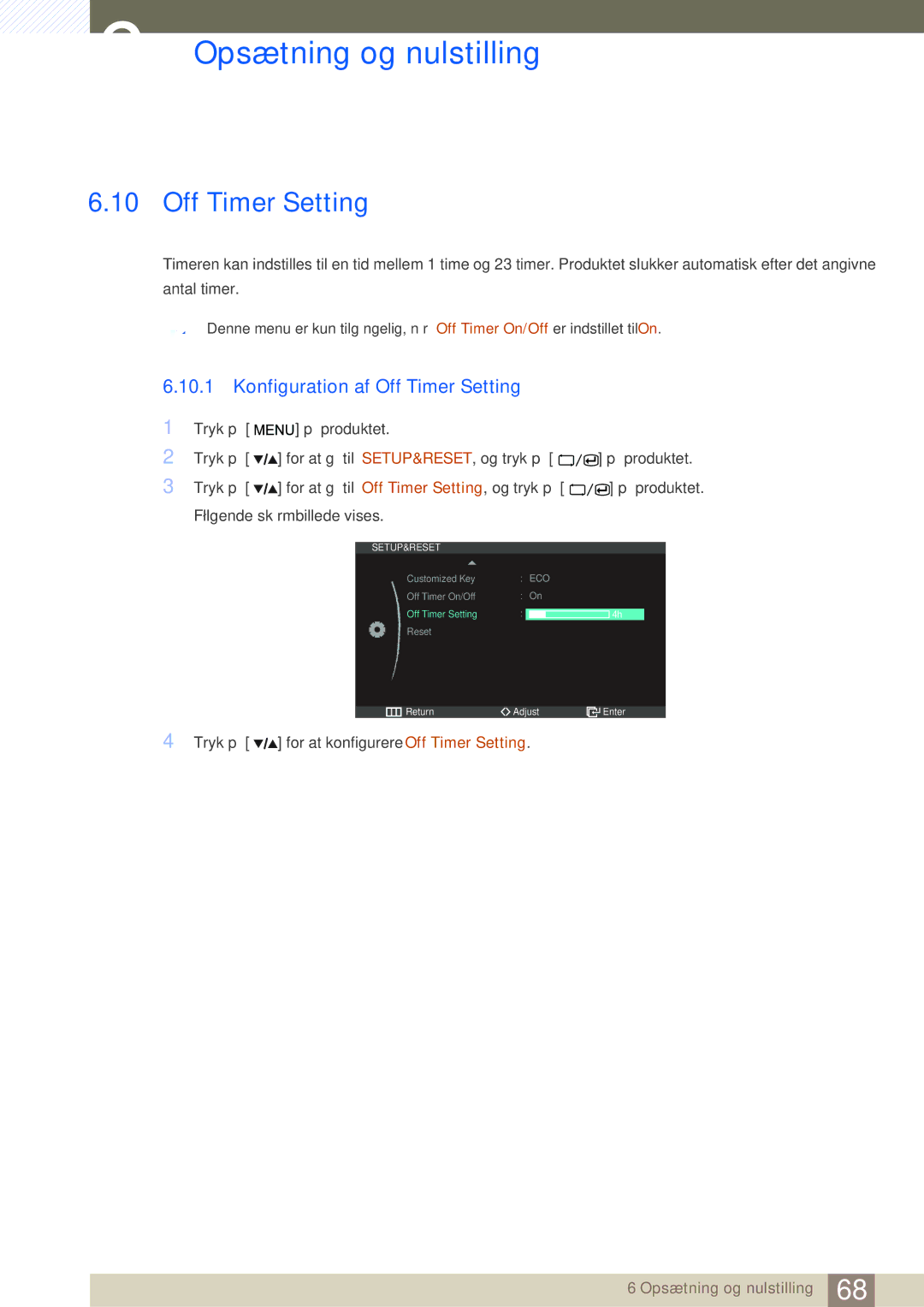 Samsung LS27A850DSR/EN, LS27A850DS/EN manual Konfiguration af Off Timer Setting 