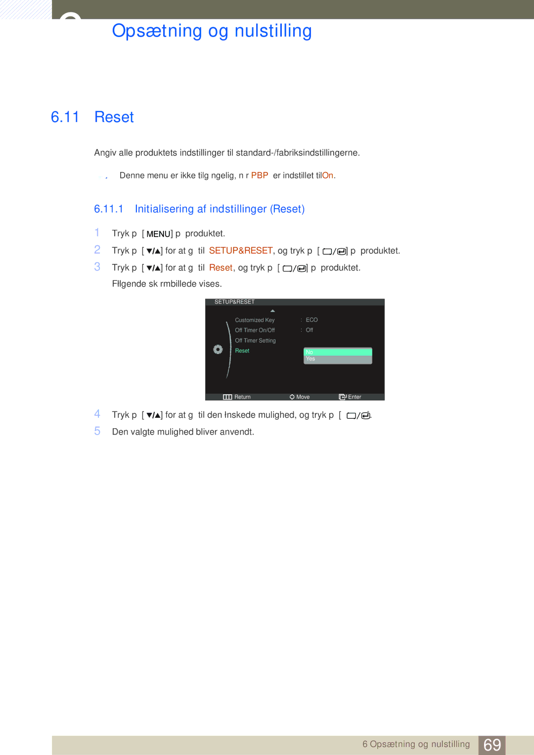 Samsung LS27A850DS/EN, LS27A850DSR/EN manual Initialisering af indstillinger Reset 