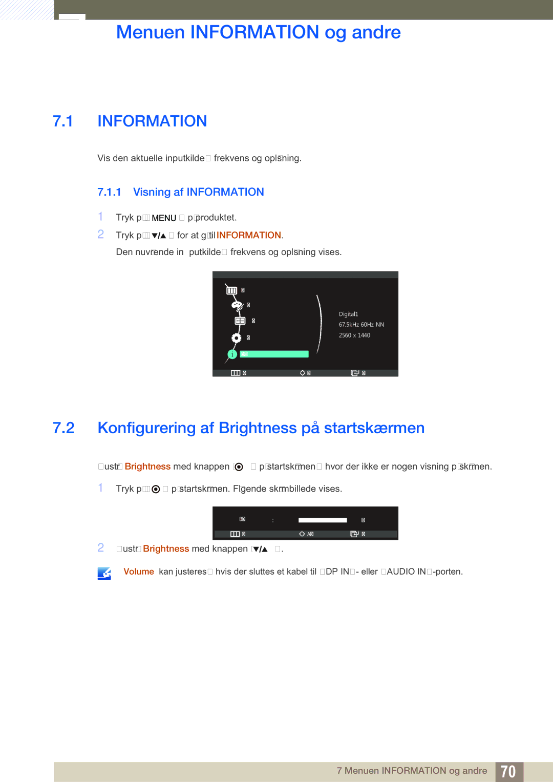 Samsung LS27A850DSR/EN Menuen Information og andre, Konfigurering af Brightness på startskærmen, Visning af Information 