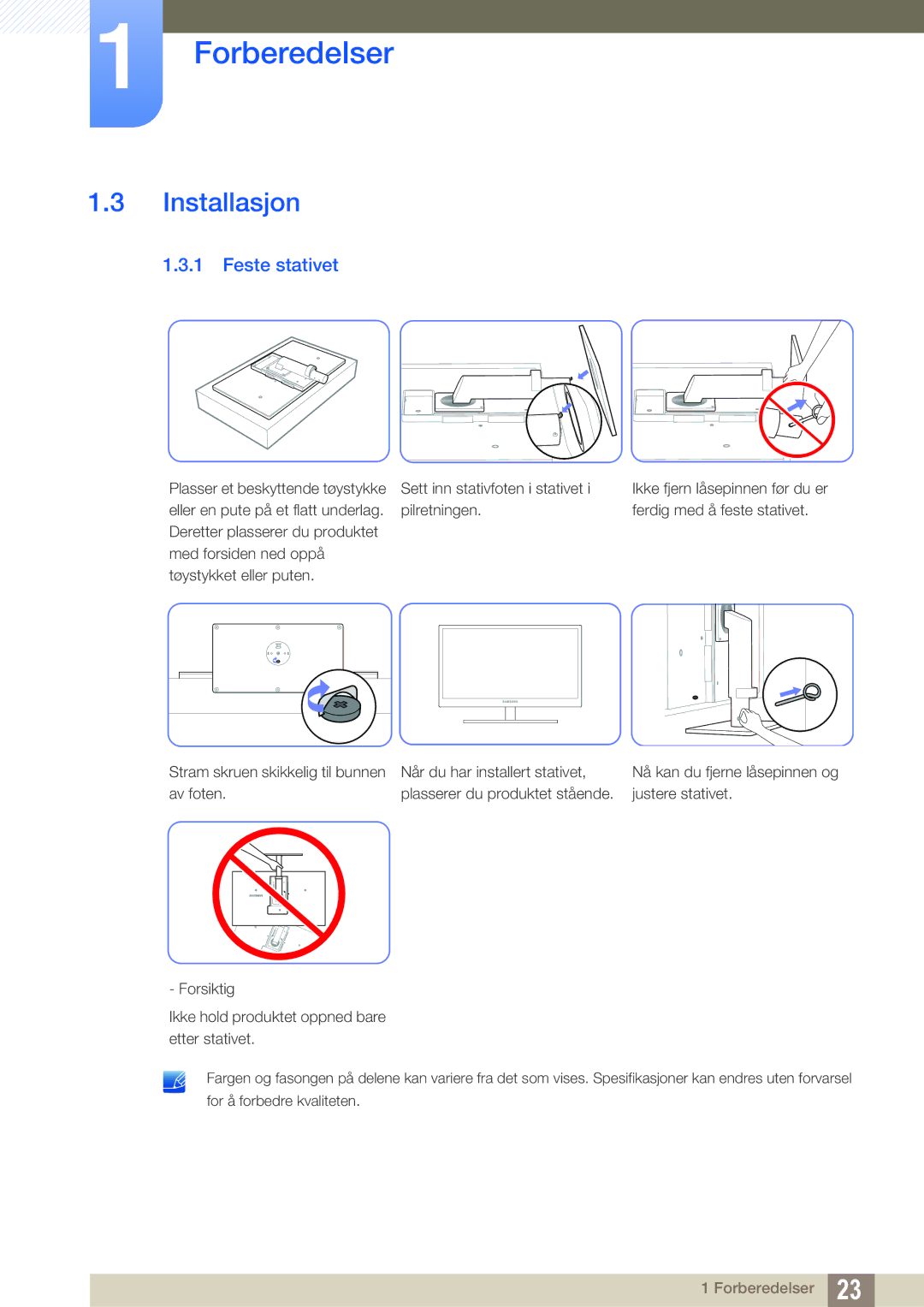 Samsung LS27A850DS/EN, LS27A850DSR/EN manual Installasjon, Feste stativet 