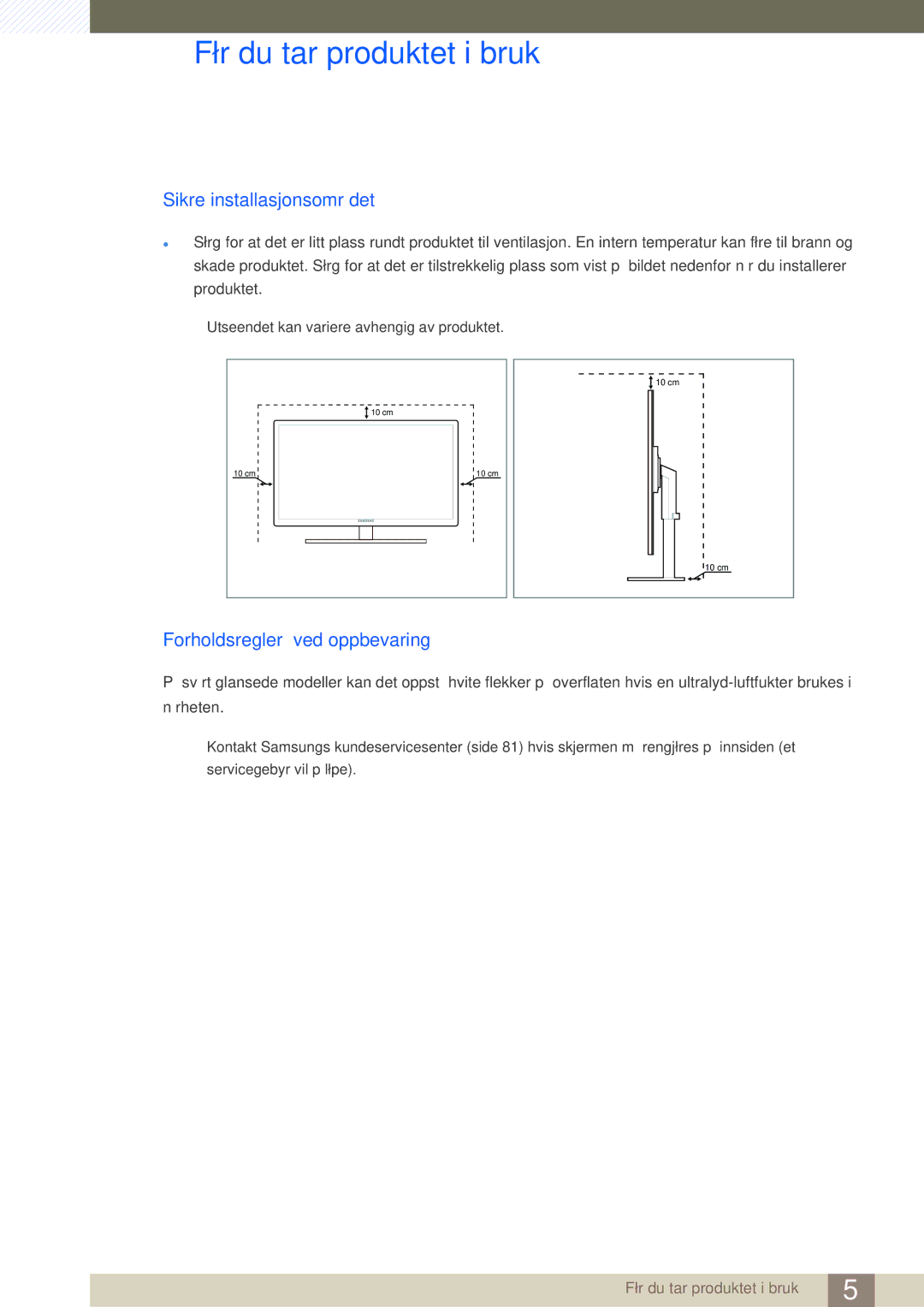 Samsung LS27A850DS/EN, LS27A850DSR/EN manual Sikre installasjonsområdet, Forholdsregler ved oppbevaring 