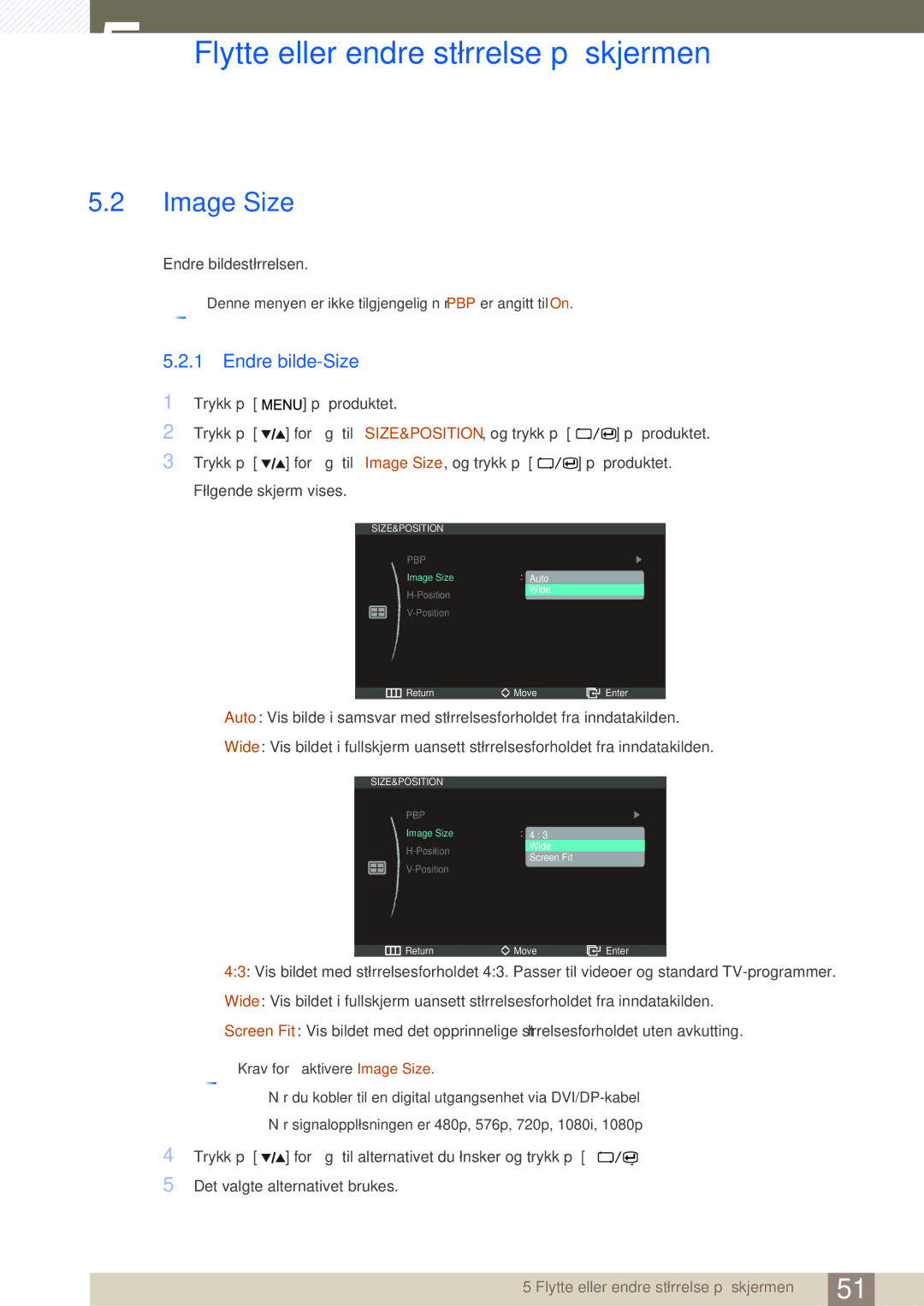 Samsung LS27A850DS/EN, LS27A850DSR/EN manual Image Size, Endre bilde-Size 