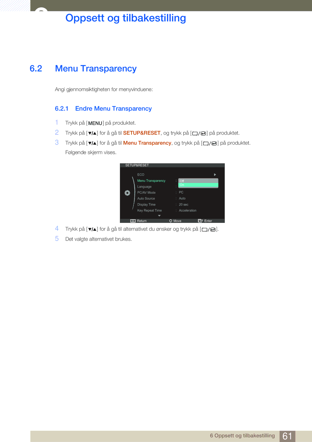 Samsung LS27A850DS/EN, LS27A850DSR/EN manual Endre Menu Transparency 